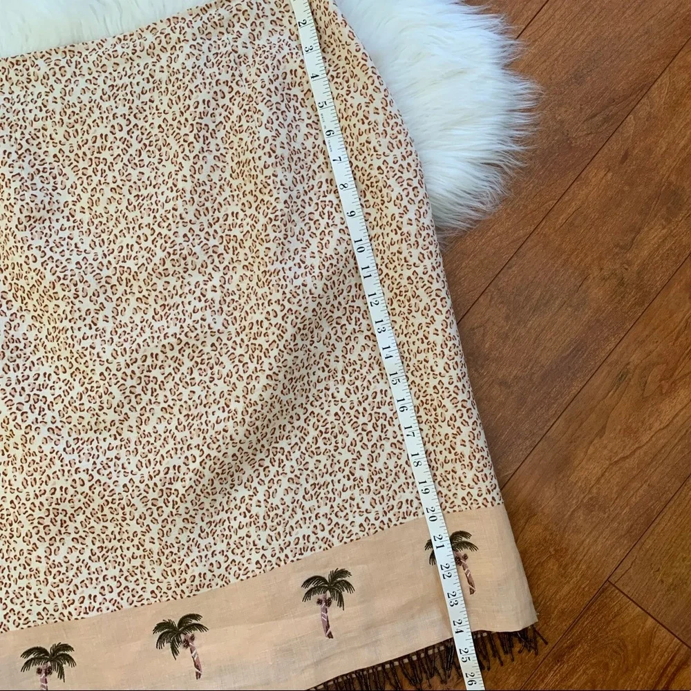 Silk Club Linen Leopard Pencil Skirt with Palm Tree Border and Beaded Hem